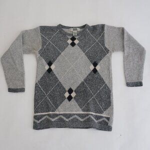 Vintage Segue Grey Argyle 58% Silk 10% Angora 2% Wool Crewneck Sweater M